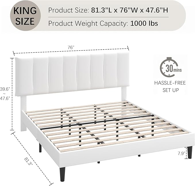 VECELO King Size Bed Frame with Upholstered Headboard, Heavy-Duty Bedframe with Strong Wooden Slats Support, No Boxing Spring Needed, Pure White