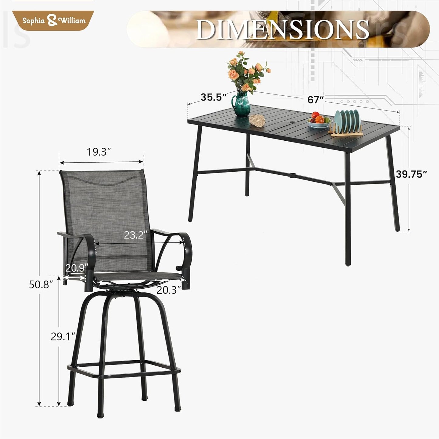 Sophia & William Outdoor Bar Set, Patio Bar Table and Chairs Set, Bar Height Patio Set - 4 x Swivel Bar Chairs(Grey), 1 x Rectangular Bar Table