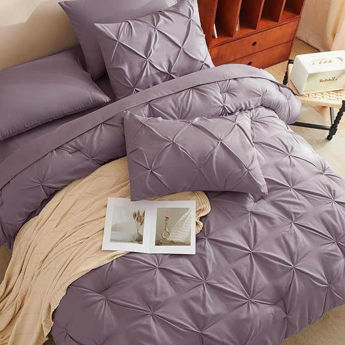 CozyLux Queen Comforter Set Grayish Purple, 7 Pieces Pintuck Bed in A Bag, Premium Purple Comforter Queen Size, Pinch Pleat Bedding Sets with Comforter, Sheets, Pillowcases & Shams