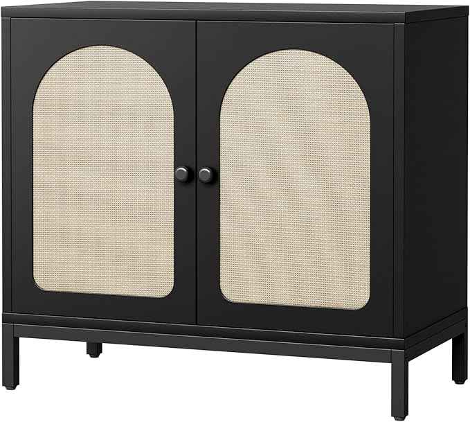 GarveeHome Rattan Sideboard Buffet Cabinet, Kitchen Storage Cabinet with Rattan Doors and Adjustable Shelves, Boho Accent Liquor Coffee Buffet for Living Dining Room Hallway, Black