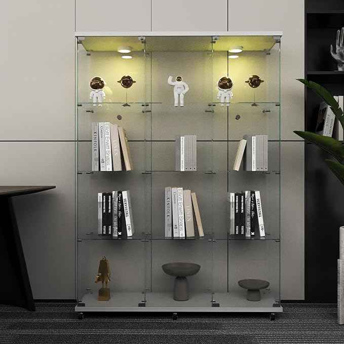 Beauty4U Glass Display Cabinet with LED Lights, Extra Large 3 Columns 2 Doors Curio Cabinets with 12 Shelves for Living Room, Bedroom, Office, White Floor Standing DIY Glass Bookshelf