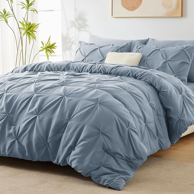 CozyLux King Size Comforter Set Grayish Blue, 7 Pieces Pintuck Bed in A Bag Blue Comforter King Size, Pinch Pleat Bedding Set with All Season Comforter, Sheets, Pillowcases & Shams