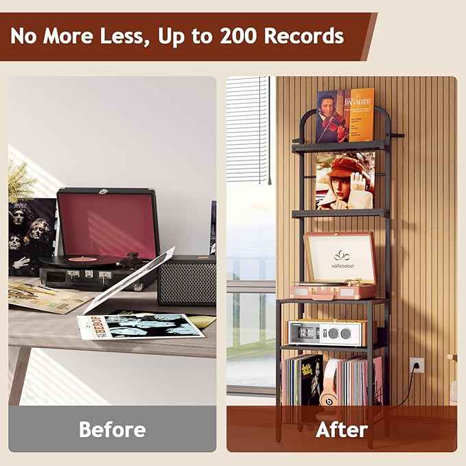 Record Player Stand with Vinyl Storage - 5-Tier Turntable Table with Power Outlet, Adjustable Feet, Metal & Wood Cabinet - Console Organizer Display Shelf for Living Room, Apartment