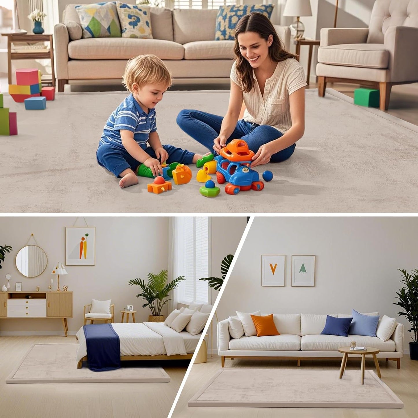 ACOMOPACK Baby Play Mat for Floor,1.3" Thick Memory Foam Area Rug for Living Room,Soft Velvet Crawling with Non-Slip Bottom for Kid,Toddler,39"×59" Tummy Time Nursery Rugs,Yoga(Beige)