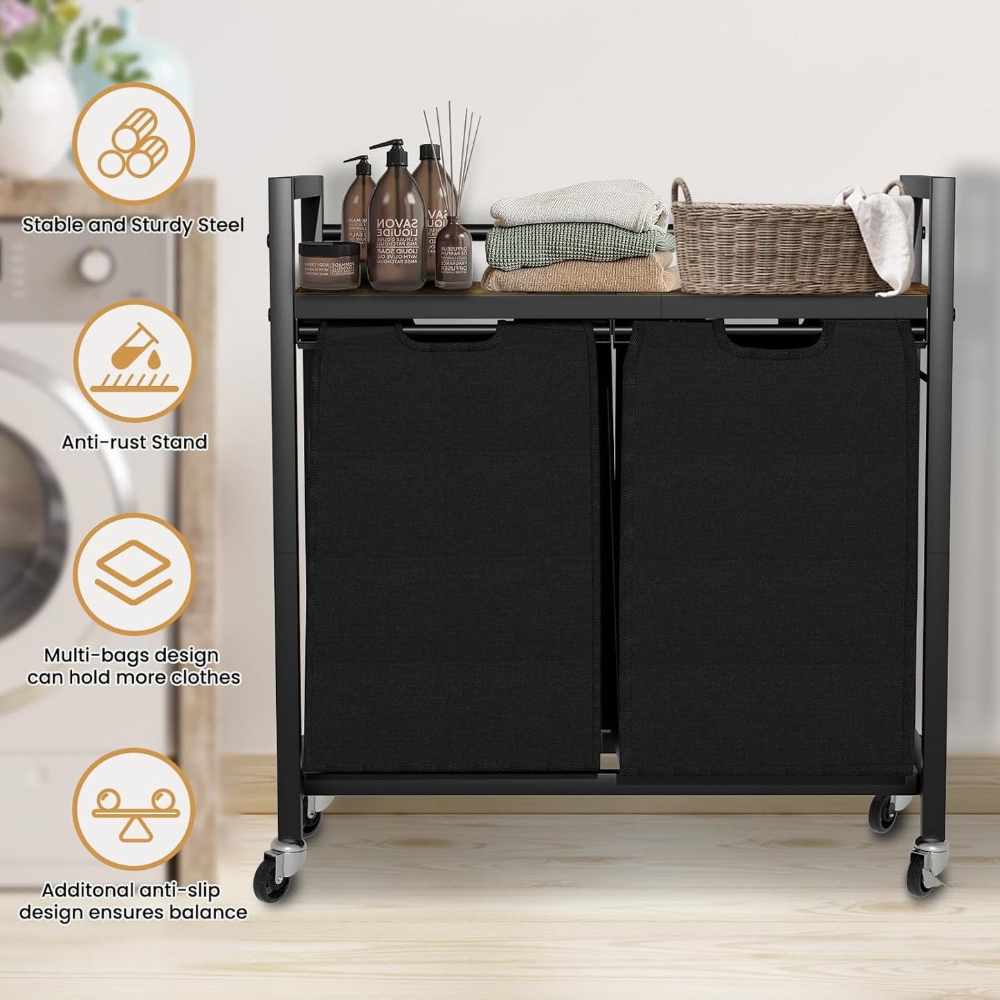 Laundry Hamper, Laundry Basket, Laundry Sorter with 2 Removable Bags, Clothes Basket with 2 Compartments, Wheels, Shelf for Laundry Room Bathroom Bedroom (2 Bags-Black)