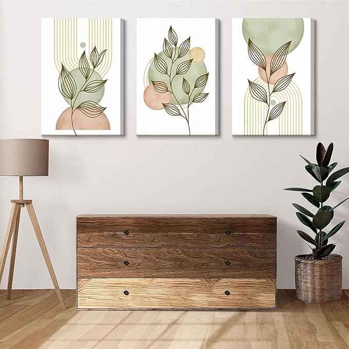 3Pcs Framed Sage Green Boho Canvas Wall Art Modern PinkBotanical Posters Print Abstract With Leafr Pictures Wall Decoration For Living Room Bedroom Bathroom