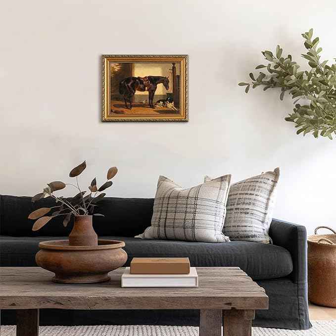 uniro Vintage Gold Framed Wall Art for Home Decor, Farmhouse Wall Decor Horse Canvas Artwork, Antique Animal Farm Poster Equestrian Wall Art for Nursery Wall Decor, Rustic Horse Aesthetic Picture for Bathroom, Living Room, Desktop decor - 12x16Inch