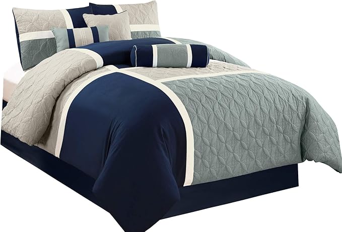 Chezmoi Collection Upland 7-Piece Quilted Patchwork Comforter Set, Navy/Blue/Gray, Queen