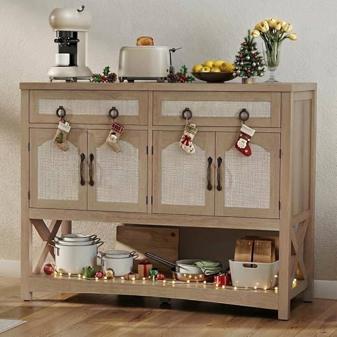 DWVO 47.2" Rattan Buffet Sideboard Cabinet with Storage, Farmhouse Coffee Bar Cabinet w/2 Drawers, 4-Doors Console Table with Adjustable Shelves for Kitchen, Dining Room, Living Room, Entryway (Oak)