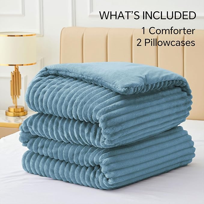 BEDELITE Fleece Full Comforter Set -Super Soft & Warm Fluffy Blue Fog Bedding, Luxury Fuzzy Heavy Bed Set for Winter with 2 Pillow Cases
