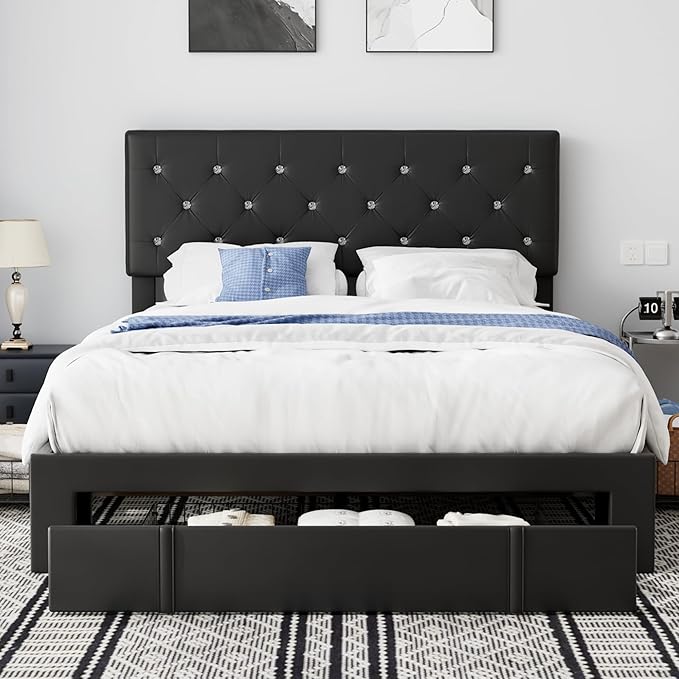 VECELO Queen Size Bed Frame with Storage Drawers, Leather Upholstered Bedframe with Diamond Tufted Headboard, Solid Wood Slat Support, No Box Spring Needed, PU Black