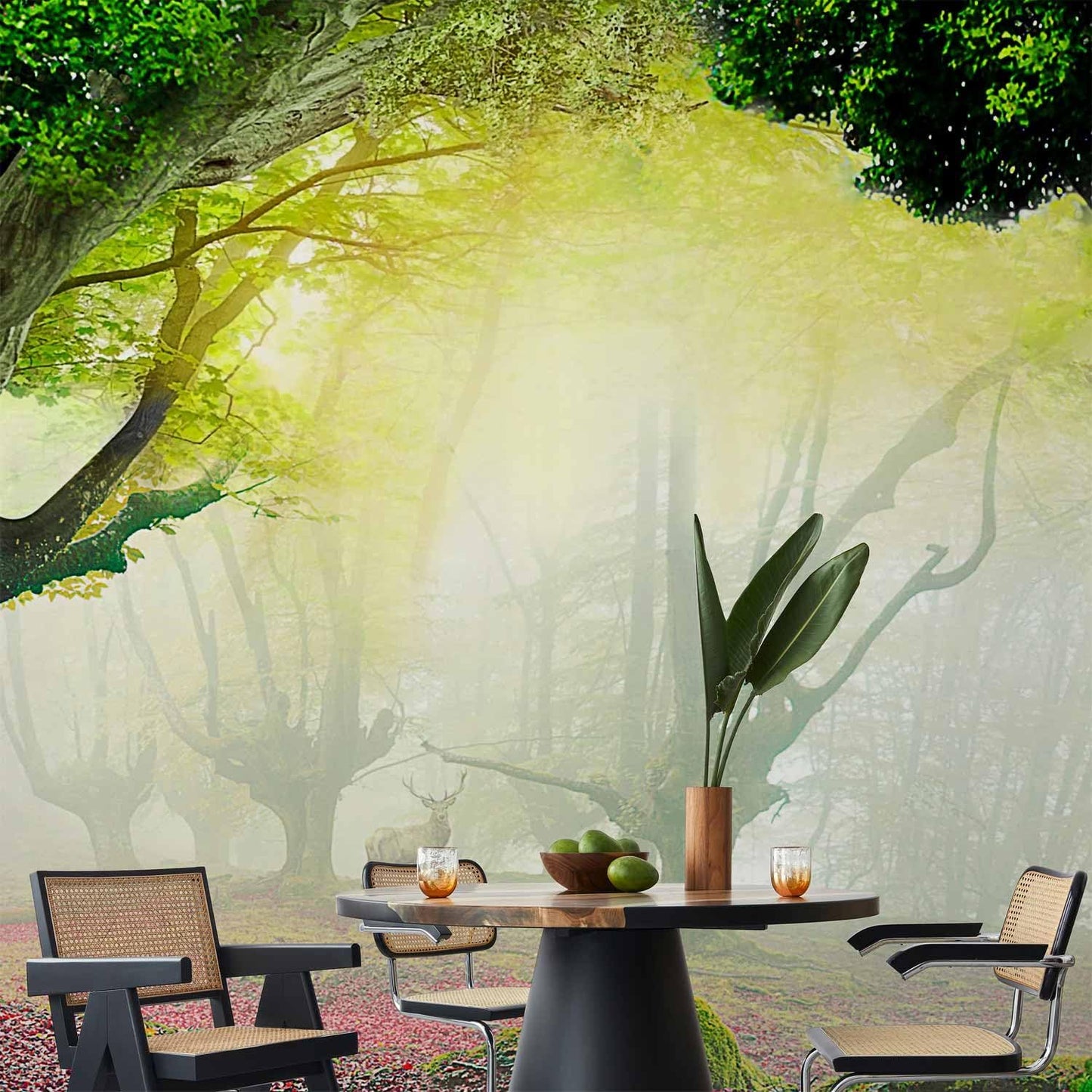 artgeist Wall Mural Peel and Stick Nature 212x98 in - XXL Self-Adhesive Corner Wallpaper Removable Large Sticker Foil Angle Wallpaper Wall Forest Trees Deer n-A-10067-a-a