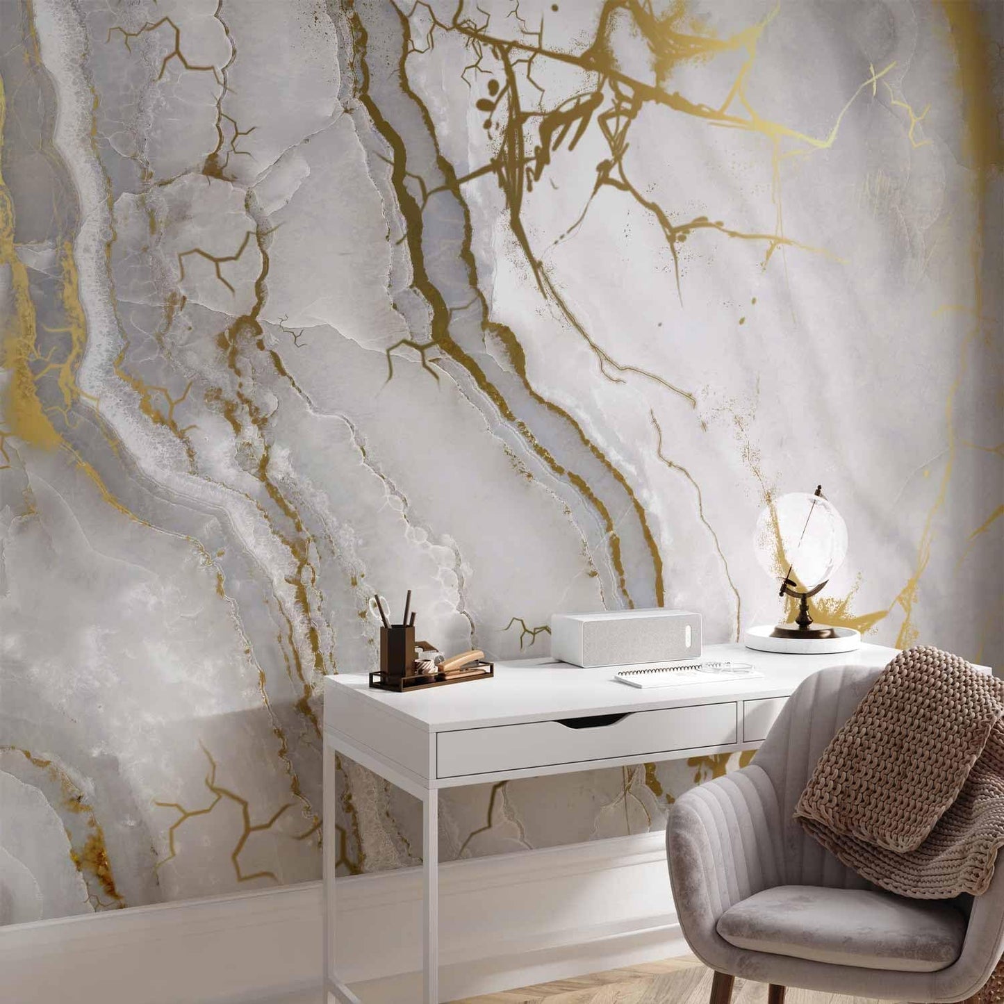 artgeist Wall Mural Marble Stone 216x98 in - XXL Non-Woven Corner Wallpaper Fleece Angle Wall Decor Photo Print Picture Image Design Modern White f-C-10015-a-a