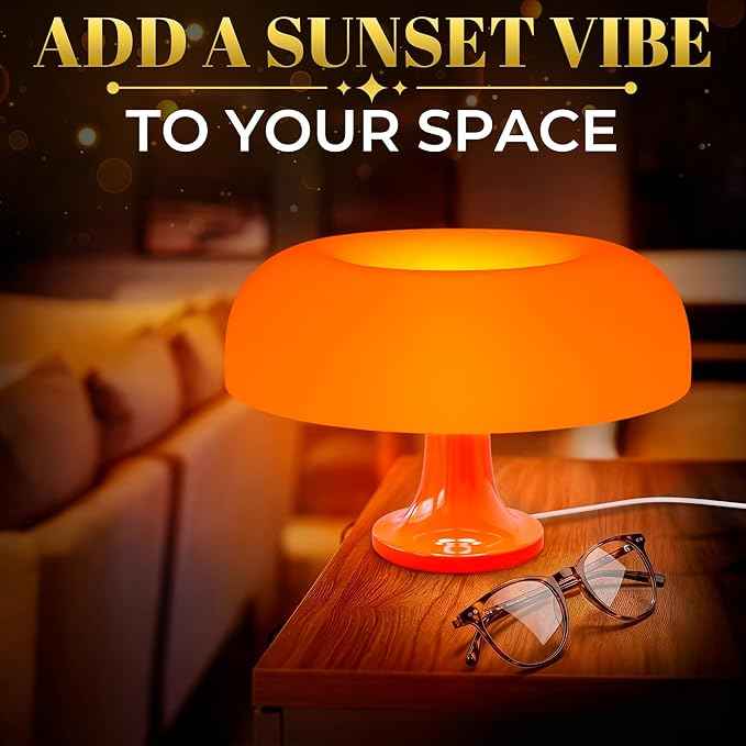 Orange Mushroom Lamp for Bedroom – Aesthetic Vintage Mushroom Lamps with 3 Lighting Colors & 10 Brightness – USB Powered Nightstand Retro Lamp for Reading Room, Office, Dorm | ABS + PVC Build