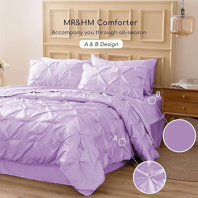 MR&HM Satin Comforter King 7 Pieces - Luxurious Pinch Pleat Bedding Set with Comforter, Flat Sheet, Fitted Sheet, Pillowcases & Shams, Super Silky Soft Bed Set for All Season (King, Lilac)