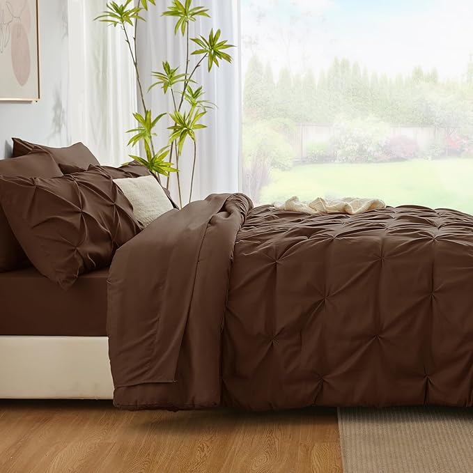 CozyLux Queen Comforter Set Brown, 7 Pieces Pintuck Bed in A Bag, Premium Brown Comforter Queen Size, Pinch Pleat Bedding Sets with Comforter, Sheets, Pillowcases & Shams