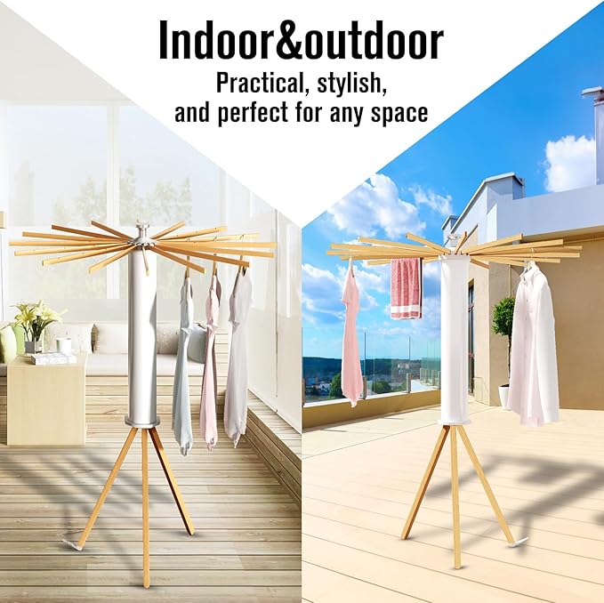 Tripod Clothes Drying Rack, Garment Rack Portable -16 Rotatable Arms for Hanger, Foldable Space Saving Laundry Drying Rack for Indoor Outdoor Apartment Balcony Bedroom Household, Wood