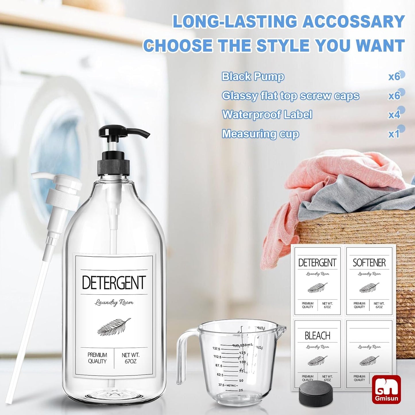 GMISUN Laundry Detergent Soap Dispenser, Liquid Laundry Detergent Dispenser, Container for Farmhouse Laundry Room Decor, Organizer for Liquid DetergentSoftenerBleach Storage Bottle(67 Oz Set of 3)