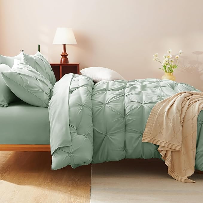 CozyLux Full Size Comforter Sets Sage Green, 7 Pieces Pintuck Bed in A Bag Green Comforter Full Size, Pinch Pleat Bedding Sets with All Season Comforter, Sheets, Pillowcases & Shams