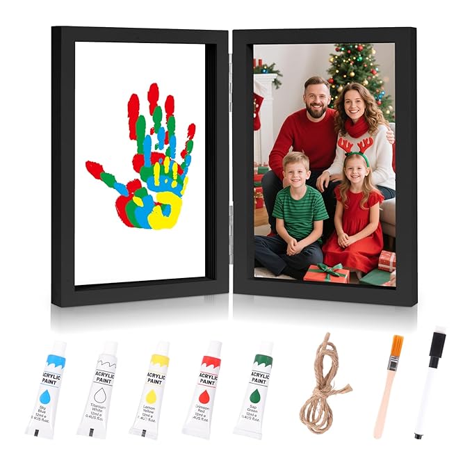Family Handprint Kit with Light, 5 Non-Toxic Paints, Hand Prints Ornament Keepsake Frame for 4, DIY Craft Gift for New Parents & Mom & Baby, Grandparents, Mother's Day, Father's Day