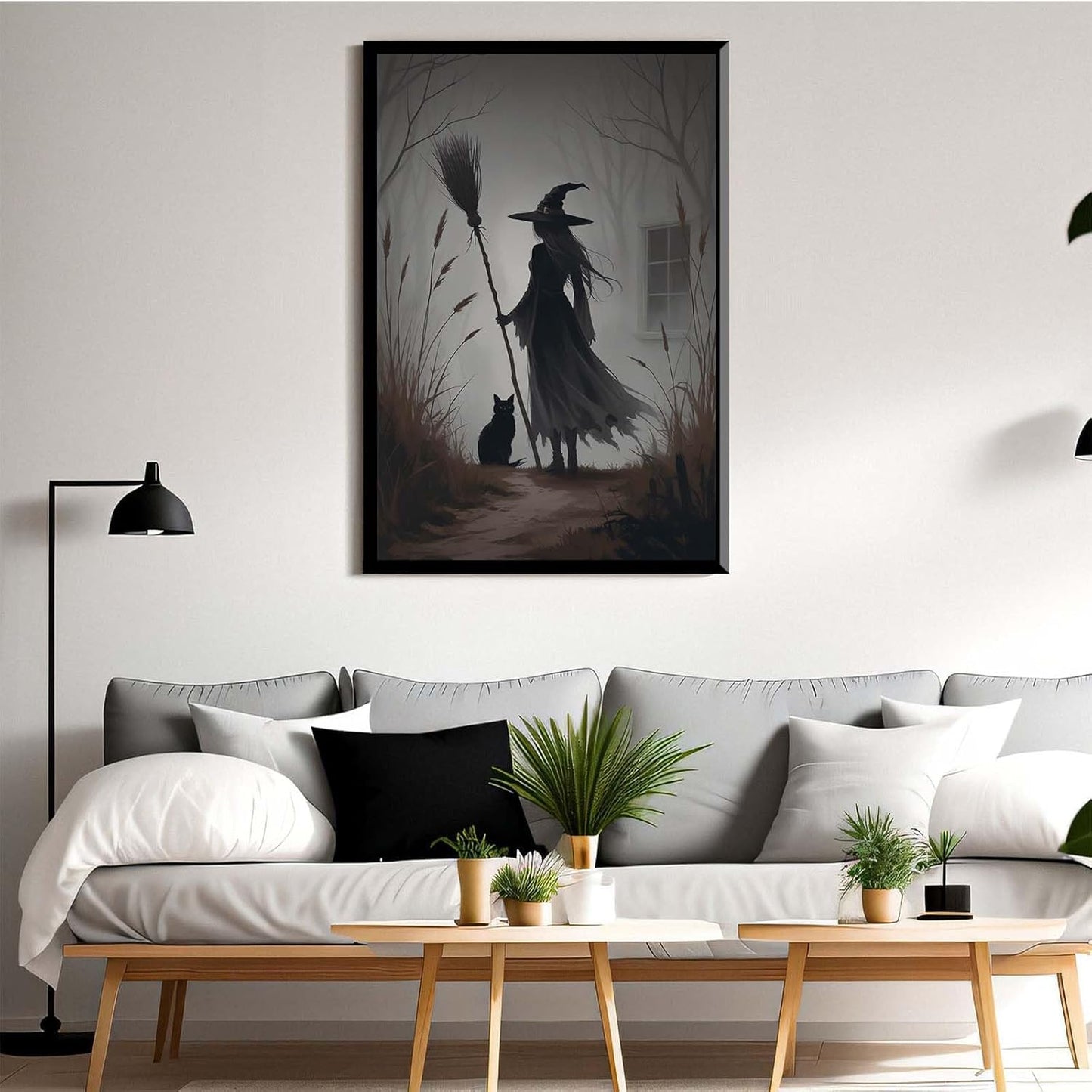 JFHCQJPK Vintage forest witch and black cat poster Halloween mural poster decoration mural art magic suitable for home living room bedroom16x24in Metal blackFramed