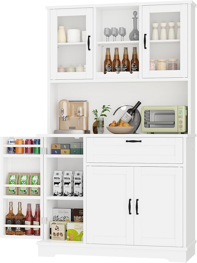Shintenchi Kitchen Pantry Storage Cabinet, Freestanding Buffet Cabinet with Microwave Stand & 4 Door Shelves, Kitchen Hutch with Doors, Adjustable Shelves and Wine Rack, White