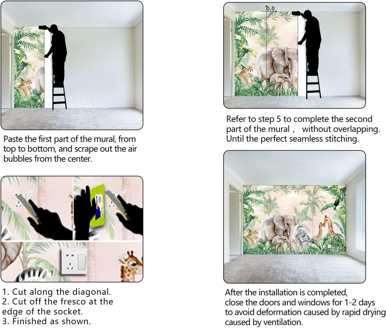 Tropical Animal Plants wallpeper Nursery Kids Bedroom Elephant Wall Mural - 160"x108"(Not Peel and Stick)