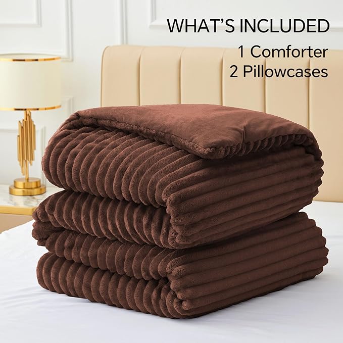 BEDELITE Fleece Queen Comforter Set -Super Soft & Warm Fluffy Hot Chotolate Bedding, Luxury Fuzzy Heavy Bed Set for Winter with 2 Pillow Cases