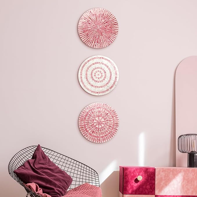 Tioncy 3 Pcs 11.8 Inches Modern Pink Mother of Pearl Shell Plate Preppy Coastal Pink Wall Art Mosaic Wall Sculpture Shell Handmade Hanging Plates Arts for Bedroom Bathroom Home Office Hotel