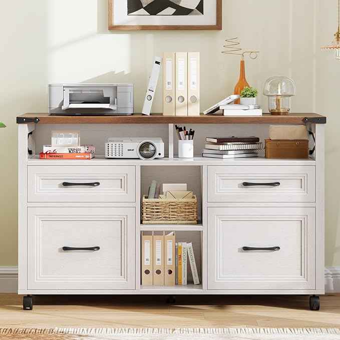 Vabches Farmhouse Filing Cabinet with Adjustable Shelf & Wheels, Lateral File Cabinets, Office Storage Cabinet with 4 Drawers and Open Storage Space, for Hanging Files Letter/A4, for Home Office