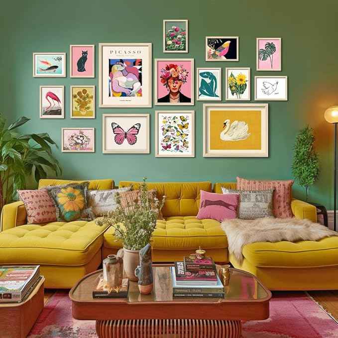 16 PCS Framed Eclectic Wall Art Decor, Modern Maximalist Home Gallery Wall Frame Set Prints for Bedroom Bathroom, Posters for Living Room Aesthetic, Colorful Dorm Artwork Collage Kit Pictures