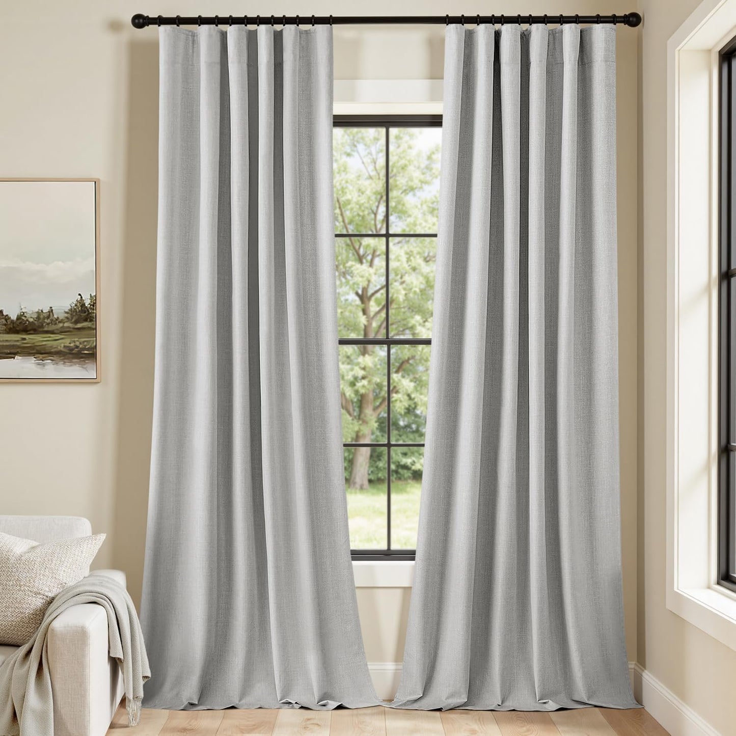 MIULEE 100% Blackout Curtains 90 Inch Long 2 Panels Set for Bedroom, Thick Luxury Faux Linen Black Out Curtain Room Darkening Back Tab Pleat Window Textured Drapes with Hooks for Living Room, Grey