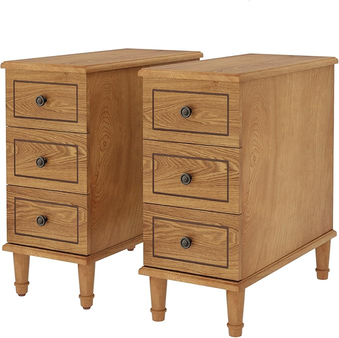 Tribesigns Solid Wood End Table Set of 2, Fully Assembled Narrow Side Table with Drawers, Pre-Assembled Nightstand Slim Bedside Table for Small Spaces, Living Room, Bedroom, Wood