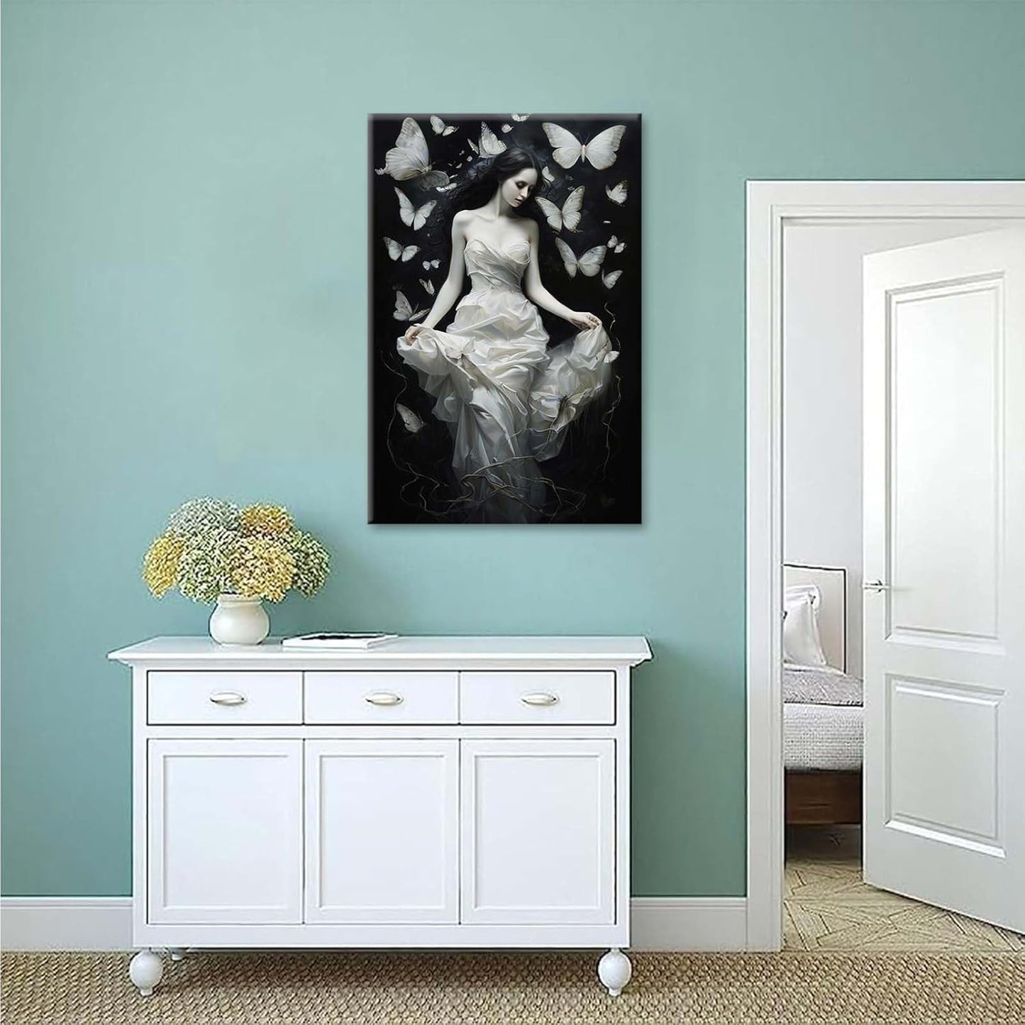 Vintage Gothic Feminine Canvas Wall Art Print Butterfly Poster Moody Preppy Wall Art Dark College Decor for Home Bedroom8x12in Wood Framed