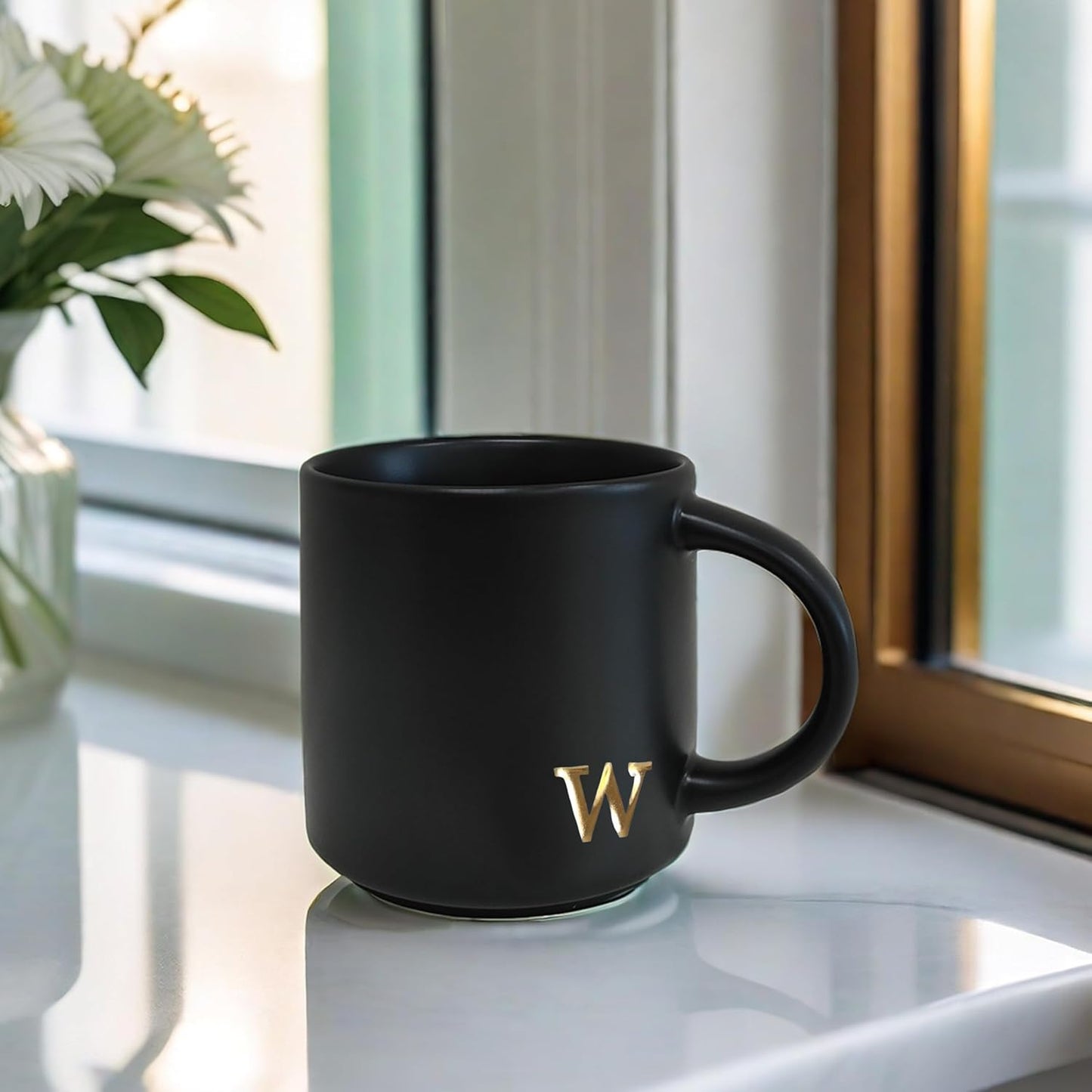 COLLECTIVE HOME - Black Monogram Ceramic Mugs, 15 oz Golden Initial Coffee Cups, Elegant Alphabet Tea Mugs, Personalized Halloween Mug with Gift Box, Perfect for Office and Home Décor (w)
