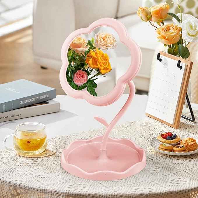 Vanity Mirror, Desk Flower Compact Adjustable Desk Mirror, Office Cubicle with Jewelry Tray & Foundation Brush, Cute Makeup Mirror with Standing, Home Decor for Bedroom Living Room Dormitory(Pink)