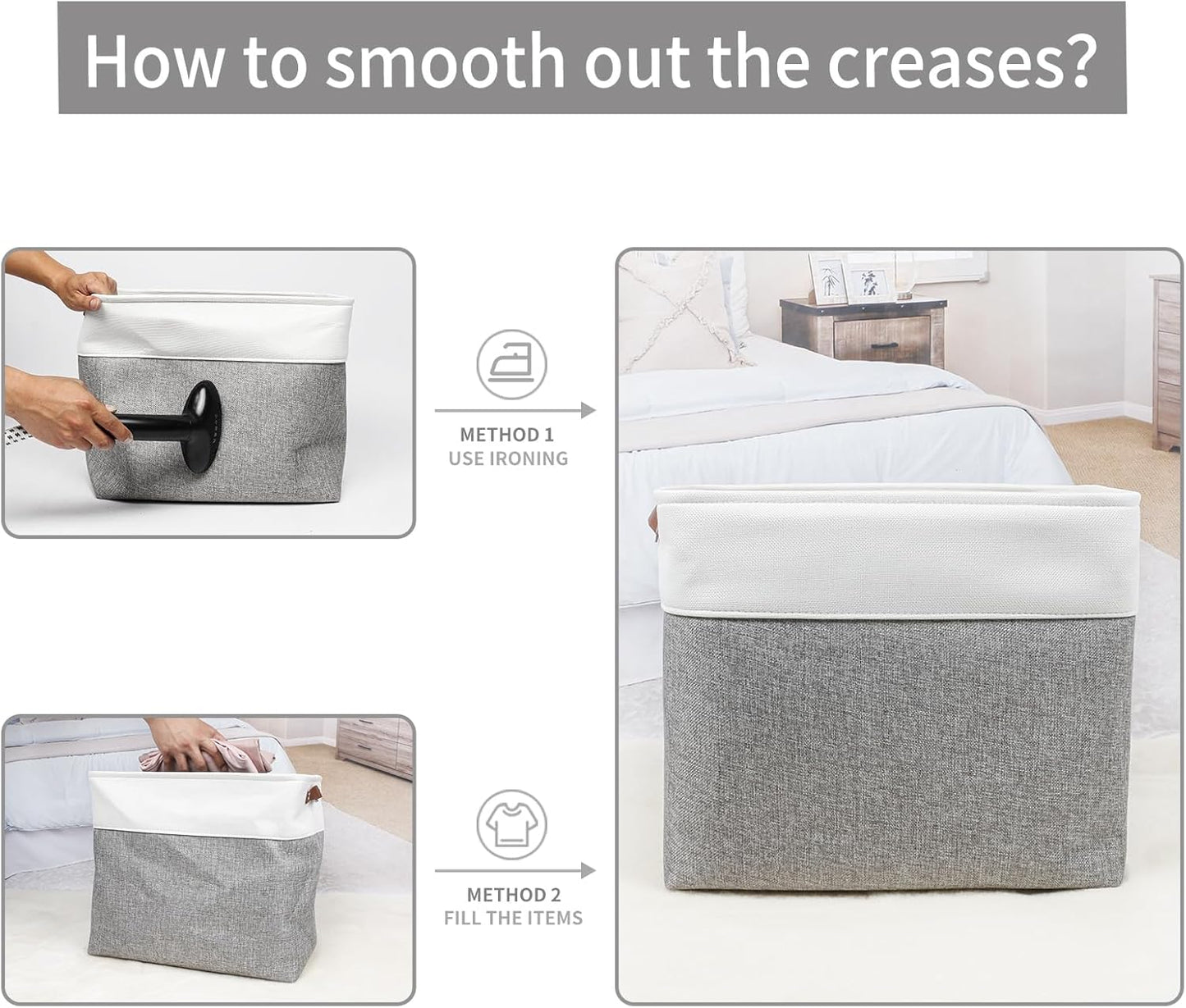 Large Fabric Storage Baskets | 50L Storage Bins, Decorative Linen Closet Baskets with Handles for Organizing, Shelf, Toys, Clothes, Home, Office, Nursery, 17x12x15Inches (Grey&White)