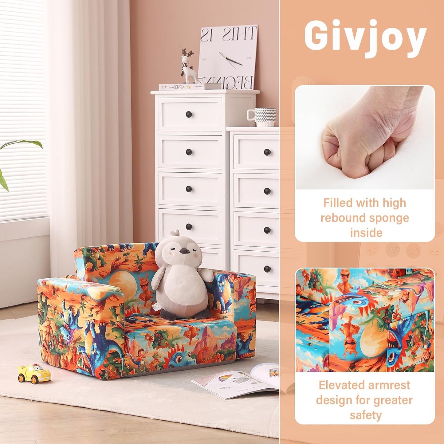 Toddler Chair Kids Couch, 2-in-1 Toddler Soft Sherpa Couch Fold Out Armchair with Removable Cover, Convertible Reading Chair Toddler Sofa for Kids, Orange Dinosaur