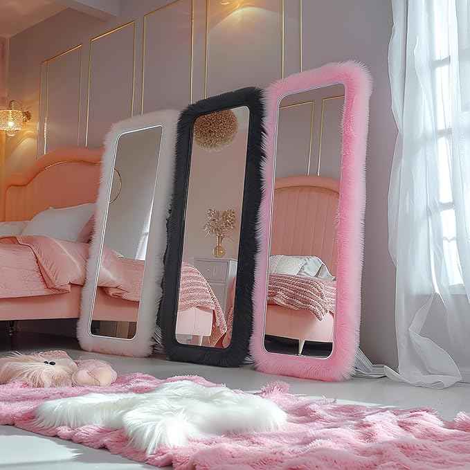 Full Length Mirror Free Standing Furry Faux Fur Framed Full Body Floor Mirror Wall Mounted Leaning Hanging Wall for Bedroom Hallway Entrance, 71"x32", Pink