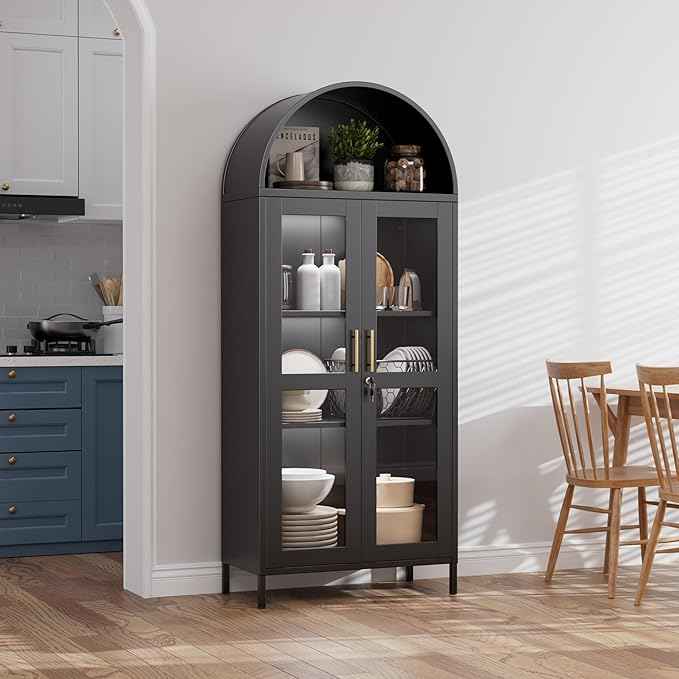 Metal Arched Bookcase Cabinet with 3 LED Strips,Lockable Arched Display Cabinet with Glass Doors for Living Room, Home,Office, Assembly Required (Black)