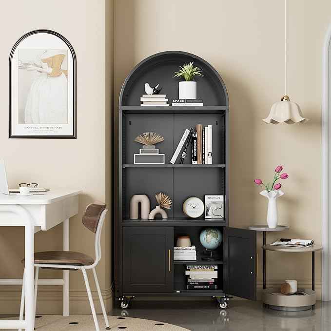Metal Arched Bookcase with Wheels, Black Arched Bookshelf with 2 Adjustable Shelf for Home Office Living Room,Required Assembly