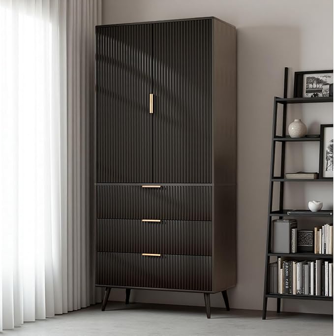 Tall Storage Cabinet, Kitchen Pantry Cabinet with Adjustable Shelves & Fluted Panel Design, Wood Cupboard with 3 Drawers 2 Doors, Tall Home Cupboard for Living Room, Kitchen, Black