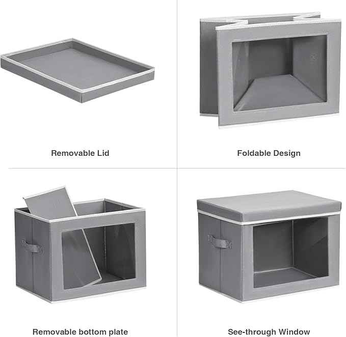 Collapsible Storage Bins with Lids, 4 Pack Closet Cubes for Organization, Fabric Storage Baksets with Window, Clothes Organizer bins for Home, Dorm, Grey