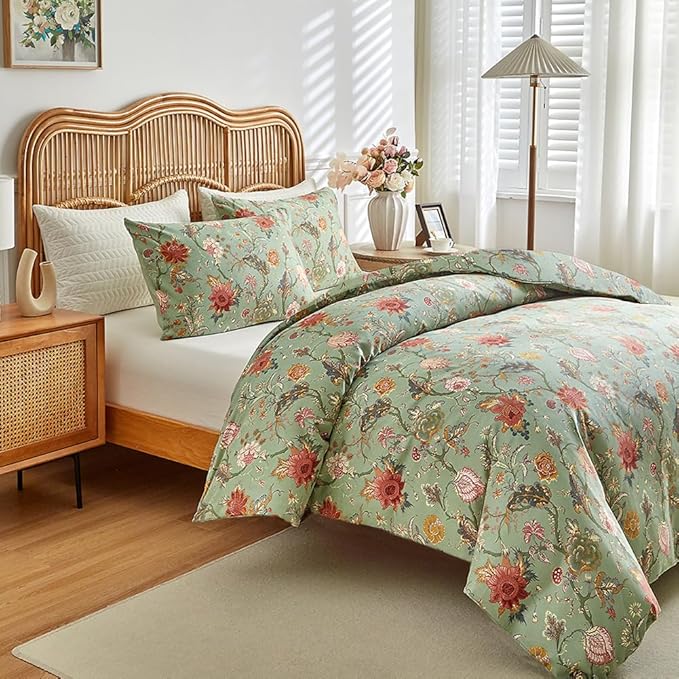 LifeTB Queen Comforter Set Boho Vintage Green Floral Comforter Bohemian Flower Vines Botanical Comforter with 2 Pillowcases Fluffy Soft Microfiber Farmhouse Floral Bedding Comforter Set Queen Size