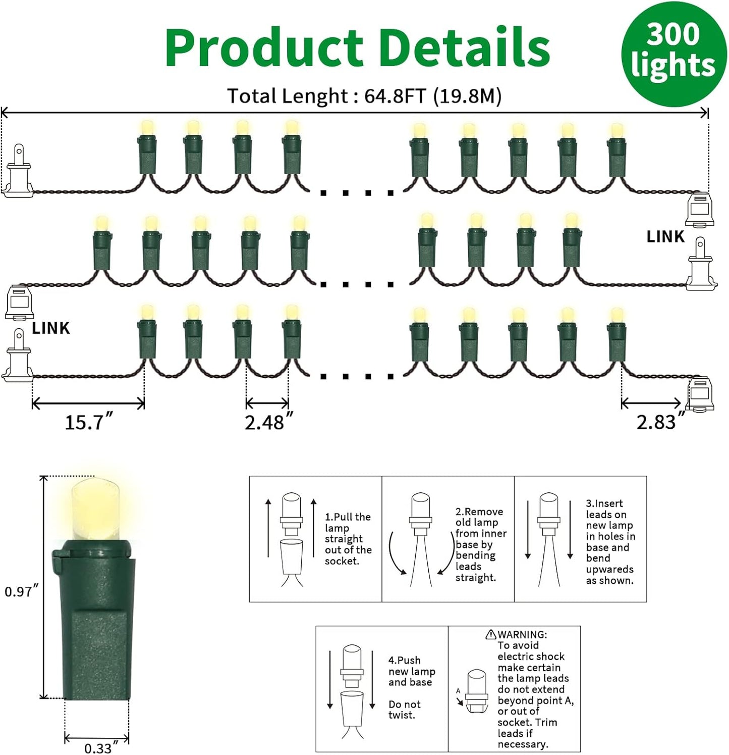 Warm White Wide Angle LED String Lights, 64.8 Ft 300 Count, Pack of 3 Strands 21.9 Ft 100 Lights UL Certified Commercial Grade Green Wire 5mm Holiday String Light