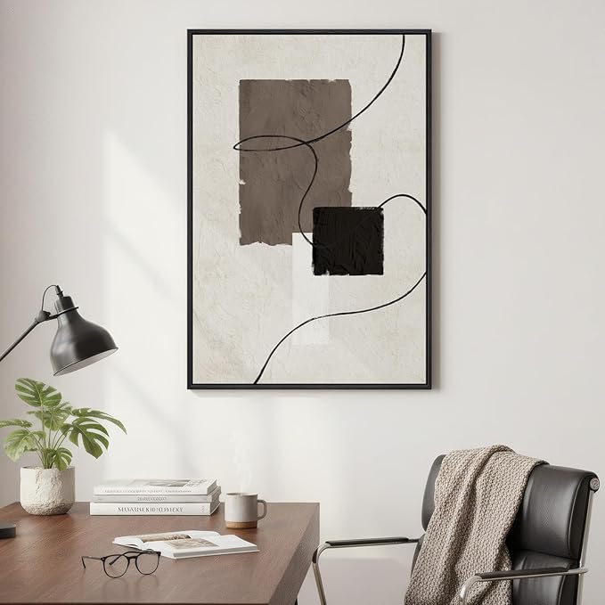 Framed Black and White Neutral Abstract Wall Art, Modern Canvas Prints Paintings Artwork for Walls, Minimalist Beige Brown Block Pictures for Living Room Bedroom Dining Entryway Wall Decor 24x36 In