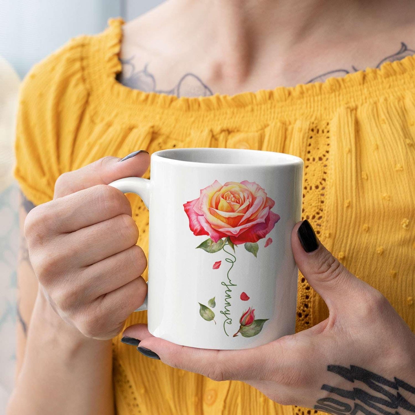 Novelty Rose Accent Cup For Girl, Personalized Rose Flower Coffee Mug 11oz 15oz, Customized Rose Lover Ceramic Cup With Name, Custom Flower Design Mug, Gift For Anniversary