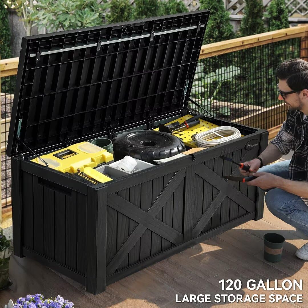 YITAHOME 120 Gallon Large Deck Box with X-Shaped Front, Resin Outdoor Storage Boxes, Waterproof Cushion Storage Bench for Patio, Pool Supplies, Garden Tools - Lockable, Black