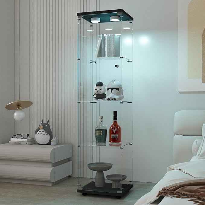 Beauty4U Glass Display Cabinet with Light, 4 Shelves, Curio Cabinets for Living Room, Bedroom, Office, Black Floor Standing Glass Bookshelf, Quick Installation