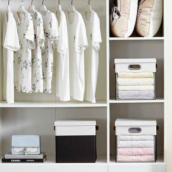 Fabric Storage Cubes with Clear Windows and Lids 11'' Foldable Storage Bins with 3 Handles, Decorative Storage Boxes for Home, Bedroom, Closet, Office (Balck & White)